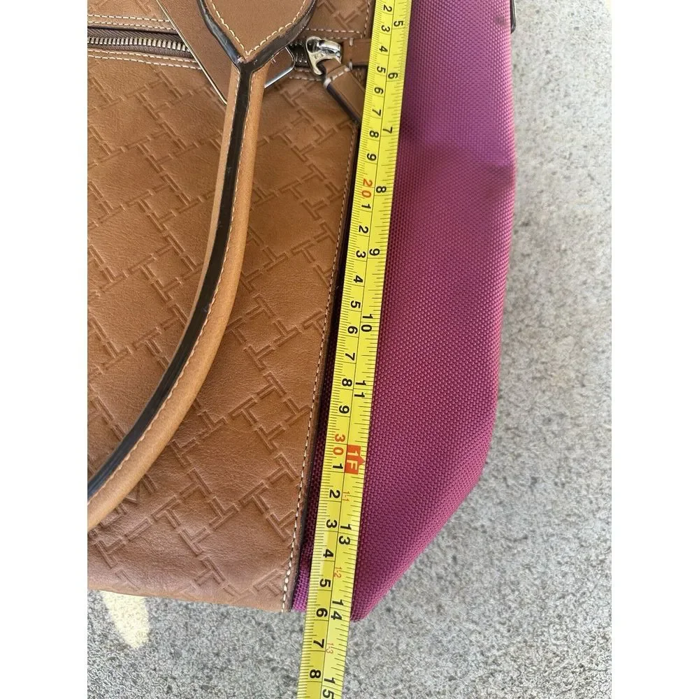 Tumi Tote Bag Tan Embossed Leather Purple Nylon Monogram Travel‎ Work Bag